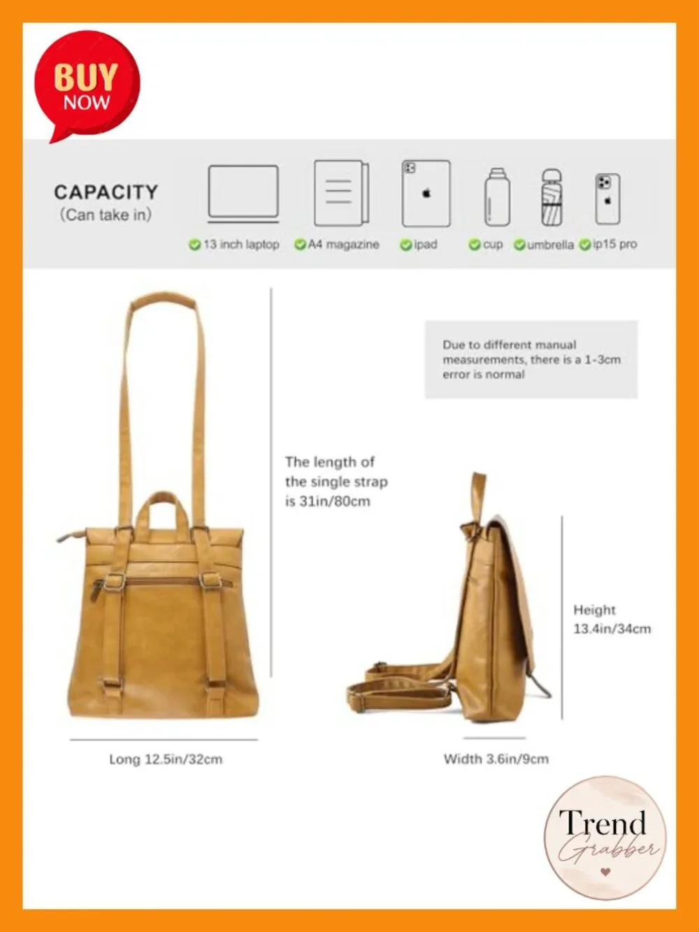 Convertible Leather Travel Backpack Crossbody Tote Satchel Detachable Straps